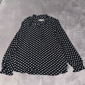 LOFT Long Sleeve Black Blouse with white Leaves‎ - Large